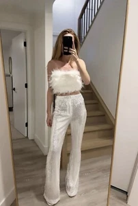 12th Tribe Genevieve White Sequin Trousers Large Bachelorette/Bride - Picture 1 of 3