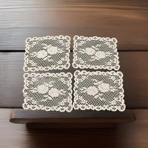 Vintage 4pk Fruit Pattern Crochet Square Lace Fabric Doilies 9.5"W x 12"H White - Picture 1 of 5