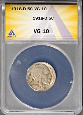 1918-D 5c Indian Head Buffalo Nickel VG 10 ANACS # 7696562 + Bonus - Image 1 of 2