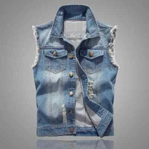 Denim Sleeveless Jacket Men Fashion New Ripped Cotton Jean Vests Gilet Casual... - Picture 1 of 10