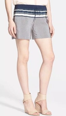 Pantalones Cortos Vince Border Print Costero Azul Marino Corbata Delantera Seda - Talla L L6041 Foto 1 de 4