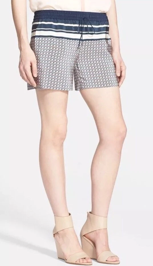 Pantalones Cortos Vince Border Print Costero Azul Marino Corbata Delantera Seda - Talla L L6041 Foto 1 de 4