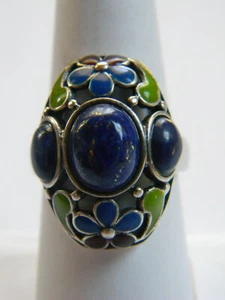 Exquisite Chinese Sterling Silver Blue Flowers Enamel Lapis Cabochons Ring Sz 8 - Picture 1 of 11