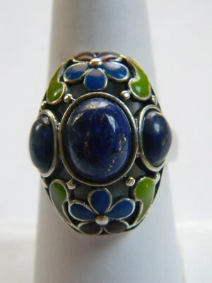Exquisito Anillo Cabujones Lapislázuli Esmalte Flores Azules Plata Esterlina China Talla 8 Foto 1 de 4