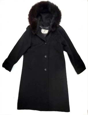 Abrigo de trinchera vintage R by REGENCY 100 % lana de cordero con capucha forrada de piel sintética negro Foto 1 de 4