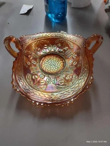 VTG Fenton Marigold Crimped Carnival Glass Circled Cherries Bon Bon Dish Handles - Picture 1 of 4