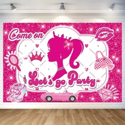 Gran Barbie Niña Telón de Fondo Mimo Fiesta de Cumpleaños Foto Fondo Banner Decoración Foto 1 de 4