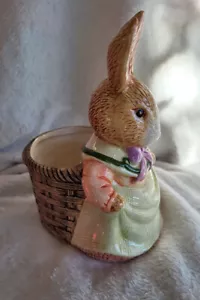 Adorable Bunny Rabbit In Dress Planter w Basket Easter Figurine 7 inch Tall - Picture 1 of 11