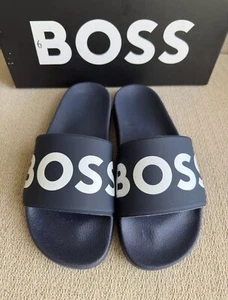 Hugo Boss Logo Print Slides Dark Blue AUTHENTIC NEW Slides Size 6 FREE SHIPPING - Picture 1 of 5