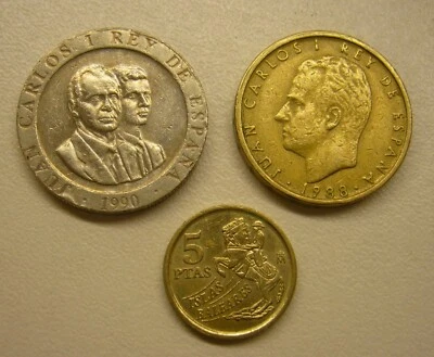 1990 Spain 200 Pesetas +1988 Cien Pesetas +1997 5 Pesetas Lot - Image 1 of 2