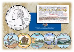 2005 US Statehood Quarters COLORIZED Legal Tender 5-Coin Complete Set w/Capsules - Picture 1 of 1