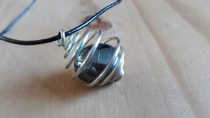 Hematite Stone In Spiral Cage Pendant On Leather Thong - Picture 1 of 10