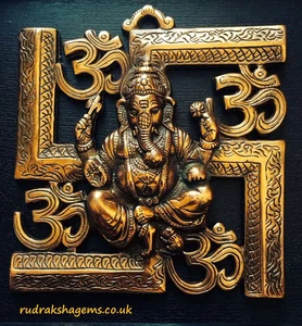 9" OM AUM SWASTIK GANESHA ANTIQUE METAL WALL HANGING GANPATI GANESH RARE HINDU - Picture 1 of 2