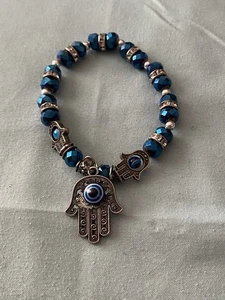 "Brazalete Hamsa Hand Evil Eye Good Luck Charm cuentas elásticas azul plata 7"" a 9""" - Imagen 1 de 4