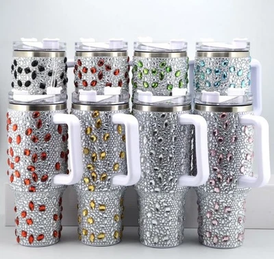 Vaso de diamantes de imitación Bling con tapa y pajita taza de acero inoxidable de 40 oz Foto 1 de 4