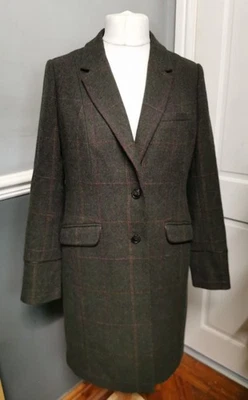 JOULES Langley Dark Green Tweed Check Coat (with fur collar) Size 16 £279.00 - Image 1 of 4