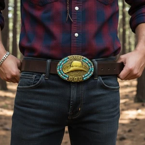Hombres Mujeres Antiguo Dorado Metal Hebilla Cinturón Sombrero de Vaquero Turquesa Rodeo Suroeste - Imagen 1 de 20