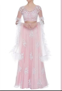 Kresha Lulla Pastel Pink Lehenga with Ivory Thread Work & Feather Detail - Picture 1 of 17