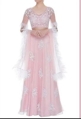Kresha Lulla Pastel Pink Lehenga with Ivory Thread Work & Feather Detail - Image 1 of 4