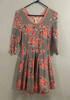 Matilda Jane Marzipan Gray Rose Dress Small Pink Floral A-Line 3/4 Sleeve Ruffle - Image 1 of 4