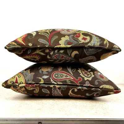Set Of 2 Brown Paisley Tapestry Decorative Accent Square Throw Pillows 17x17 S - Image 1 of 4