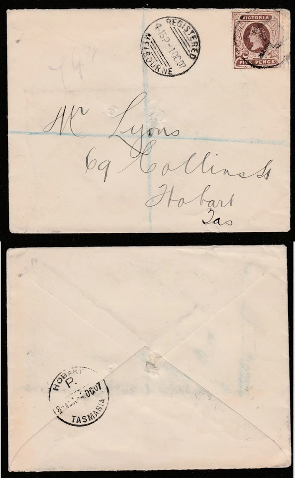Australia MELBOURNE Queen Victoria 5d Registered to Hobart Tas 1907 - Image 1 of 1