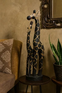 Statua in Legno Giraffa Mamma e Cucciolo 100 cm – Artigianato Etico Indonesiano - Picture 1 of 7