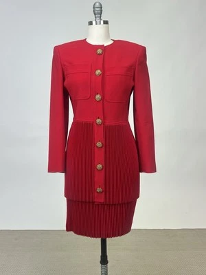 Vintage 1980s Valentino Boutique Red Wool Two Piece Blazer Pleated Skirt Suit - Image 1 of 4