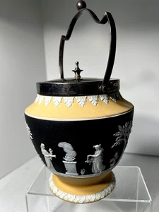 Seltenes 19. Jh. Wedgwood dreifarbiges schwarz gelb weißes Jasperware Keksfass/Glas - Bild 1 von 17