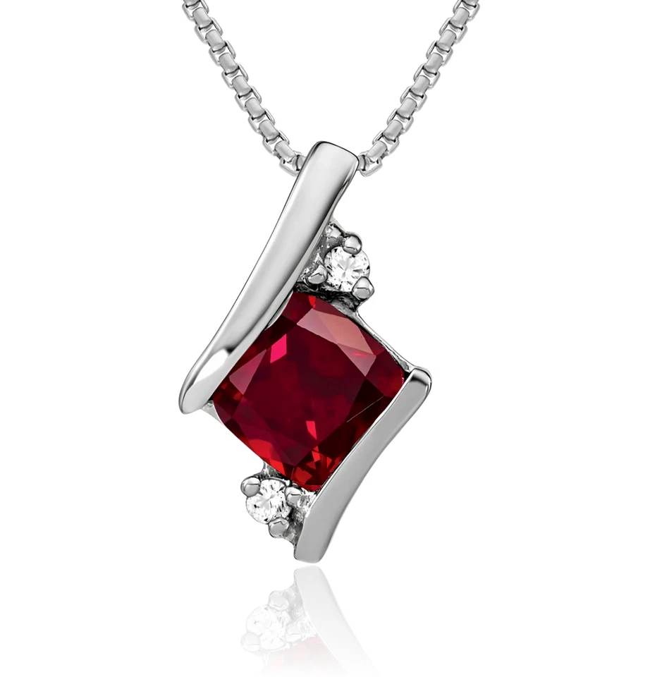 925 Sterling Silver Cushion-Cut Lab Ruby Diamond Necklace - Image 1 of 1