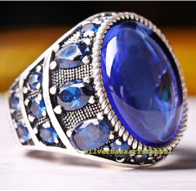 Joyería de plata de ley 925 cabujón piedra azul hecho a mano regalo anillo para hombre 001 Foto 1 de 4