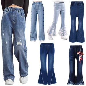 Kids Girls Ripped Flare Jeans Bell-Bottoms Skinny Denim Pants Casual Trousers - Picture 1 of 69