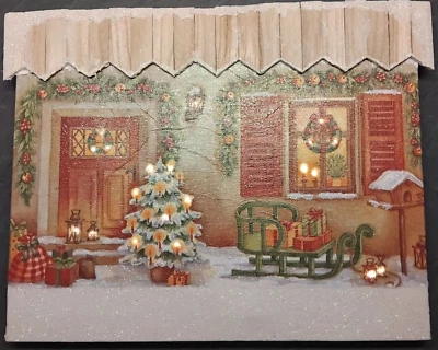 Weihnachtshaus Bild auf Keilrahmen-Serviettentechnik, beleuchtet mit 20 er LED - Bild 1 von 4