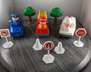 Plastic Cop Fireman medic small Childrens toys with cars Signs Trees Fire Truck  - Picture 1 of 16