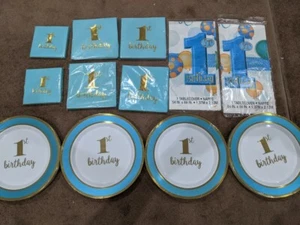 1st Birthday Boy Hard Plastic 10" Plates Napkins Table Cover 138 Piece Set - Picture 1 of 1