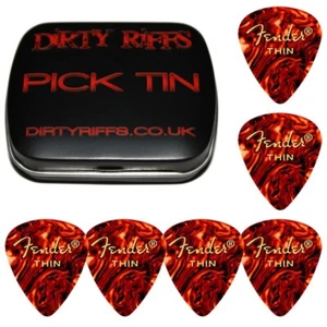 6 x Thin Fender 451 Celluloid Shell Guitar Picks Plectrums In A Pick Tin - Picture 1 of 1