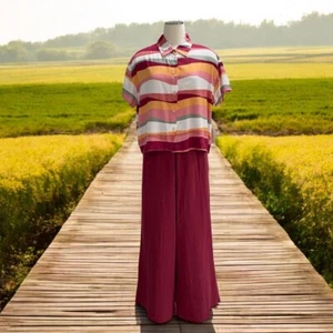 GyalBashy Striped Shirt And Wide Leg Pants Set Cottagecore Boho Summer Travel - Picture 1 of 14