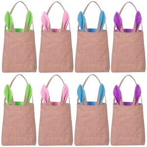8 Pack Burlap Easter Bunny Bags Rabbit Ear Easter Baskets Jute Burlap Tote Gi... - Picture 1 of 8