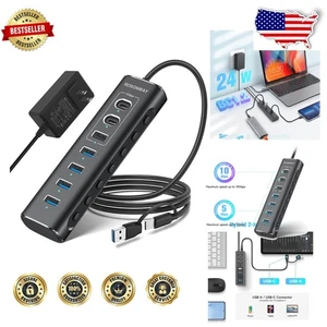 Powered 7-Port USB Hub | 10Gbps Speed | Individual Switches | 12V Adapter - Picture 1 of 9