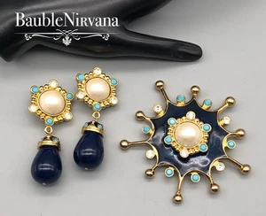 VTG Jose Maria Barrera Avon Starburst Enamel Rhinestones Large Pin&Earrings Set - Picture 1 of 9