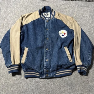 VTG Lee Pittsburgh Steelers Embroidered Logo Spell Out Denim Bomber Jacket Sz M - Picture 1 of 9