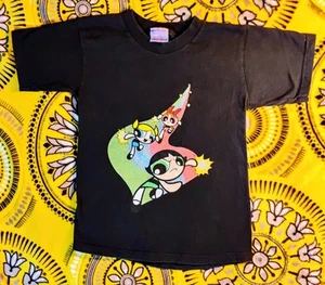 Vintage Powerpuff Girls T-Shirt Kids Medium Black Cartoon Network 2000 Y2K - Picture 1 of 4