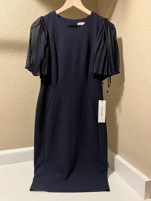 Nuevo con etiquetas Vestido Vaina Calvin Klein Azul Marino Manga Acampanada Talla 8 Fiesta de Vacaciones Carrera Foto 1 de 4
