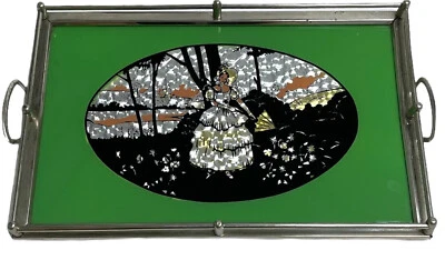 Антикварный сервировочный поднос в стиле ар-деко из фольги с обратной росписью женский шапочка живописный - Изображение 1 из 4