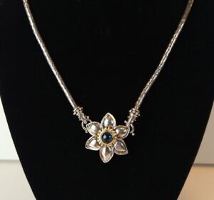 Barbara Bixby Sapphire Pendant Flower Hook Necklace Sterling Silver 18K Gold 16"
