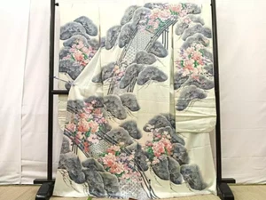 Kimono Furisode Hand-Painted Floral Pattern Pure Silk Used - Picture 1 of 6