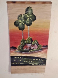 Painted Wall Scroll Painted Lake Island w/ Cabin Wall hanging 12 x 24 Heavy Mat - Picture 1 of 3