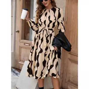Women New Fashion Strap Printed Round Neck High Waisted Dress A-Line Mini Dress - Picture 1 of 5