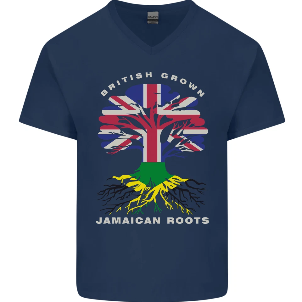 Británico Grown Jamaicano Raíces Bandera Hombre Cuello En V Algodón Camiseta - Imagen 1 de 4