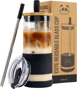 Pandaloo Glass Cup With Lids and Straws Gift-20 Fl Oz- Perfect Size Coffee Cup - Picture 1 of 7